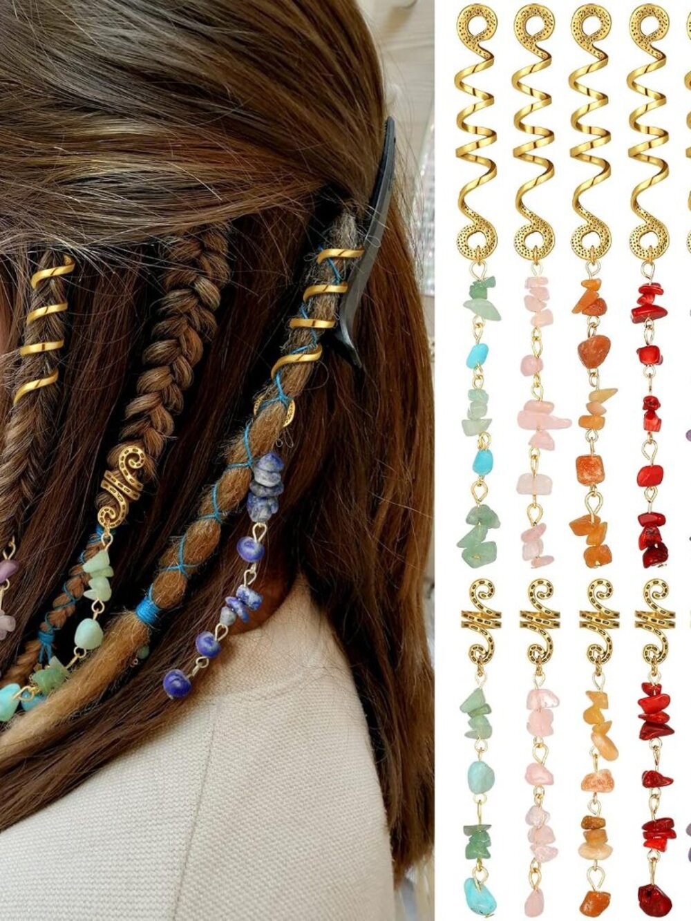 12 Pcs Hair Jewelry for Braids, Gold Dreadlock Cuffs, Bright Colors
